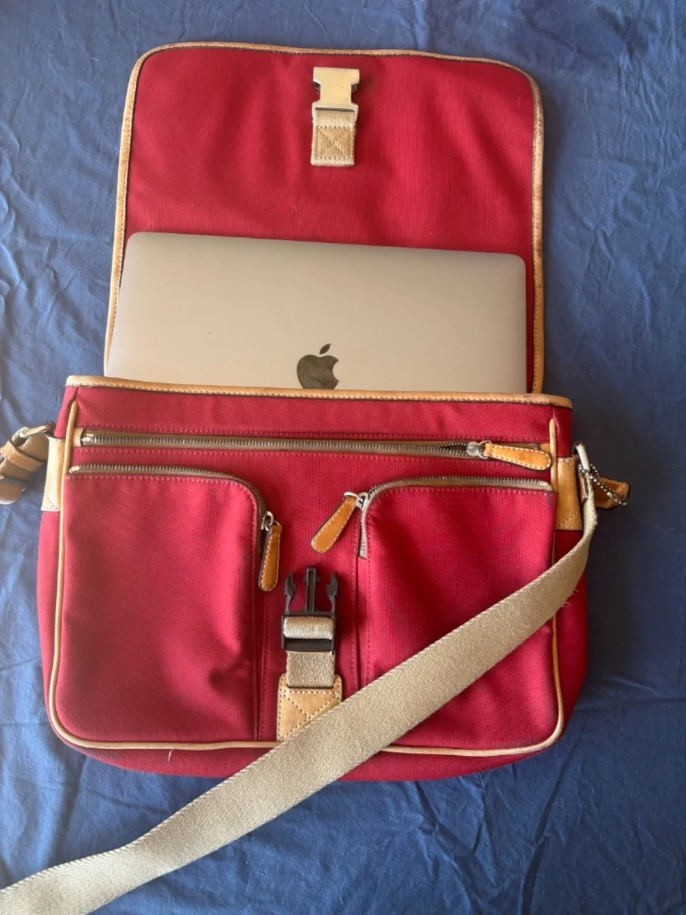 Coach Transatlantic Messenger and Commuter Bag- red canvas with tan leather